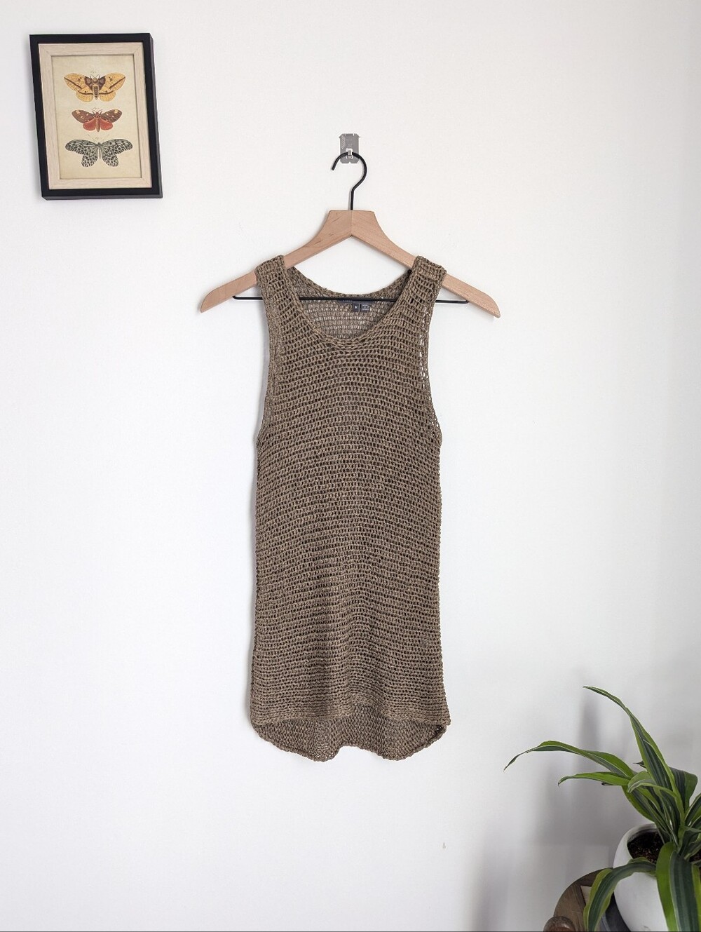 Vince Open Knit Crochet Tank Top Tan Size M